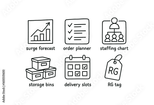 hand drawn cute out doodle style isolated restock season surge forecast restock season order planner restock season staffing chart restock season storage bins restock season delivery slots