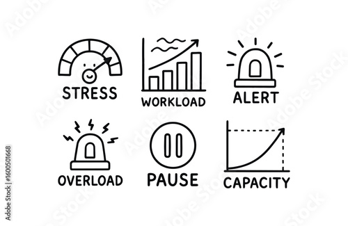 hand drawn cute out doodle style isolated overwhelm stress gauge overwhelm workload chart overwhelm alert buzzer overwhelm overload sensor overwhelm pause button overwhelm capacity graph