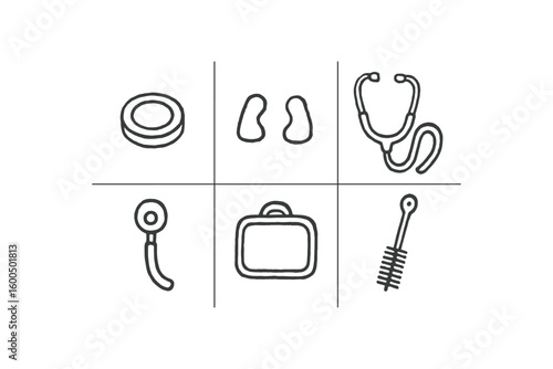 hand drawn cute out doodle style isolated stethoscope diaphragm stethoscope earpiece cushions stethoscope tubing stethoscope chestpiece stethoscope carry case stethoscope cleaning bsh