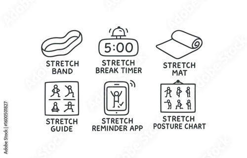 hand drawn cute out doodle style isolated stretch band resistance stretch break timer stretch mat pad stretch guide poster stretch reminder stretch posture chart