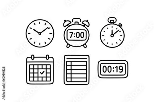 hand drawn cute out doodle style isolated punctuality analog clock face punctuality digital alarm bell punctuality timekeeper stopwatch punctuality calendar reminder punctuality timesheet