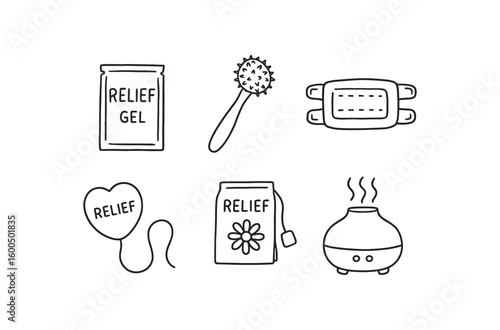 hand drawn cute out doodle style isolated relief analgesic gel packet relief pressure point massager relief heat wrap band relief TENS unit pad relief chamomile tea sachet relief