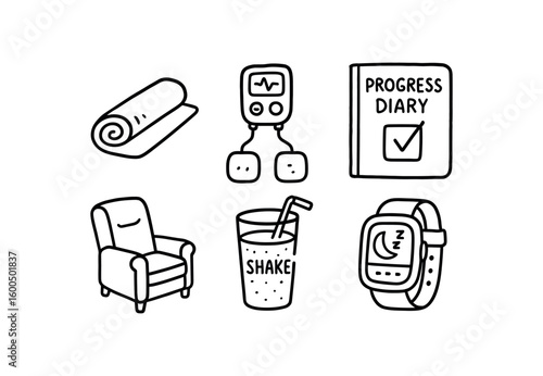 hand drawn cute out doodle style isolated recovery period physiotherapy mat recovery period muscle stimulator recovery period progress diary recovery period rest recr chair recovery period