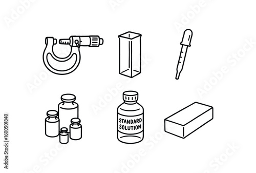hand drawn cute out doodle style isolated accuracy micrometer caliper accuracy spectrophotometer cuvette accuracy pipette calibration tool accuracy balance accuracy reference standard