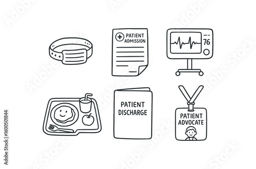 hand drawn cute out doodle style isolated patient wristband ID tag patient admission form patient bedside monitor patient meal tray patient discharge packet patient advocate badge