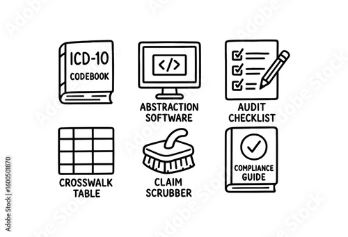 hand drawn cute out doodle style isolated medical coder ICD 10 codebook medical coder abstraction software medical coder audit checklist medical coder crosswalk table medical coder claim