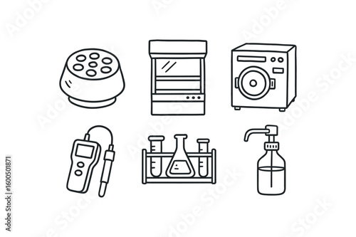 hand drawn cute out doodle style isolated laboratory centrifuge rotor laboratory fume hood sash laboratory autoclave chamber laboratory pH meter probe laboratory glassware rack laboratory