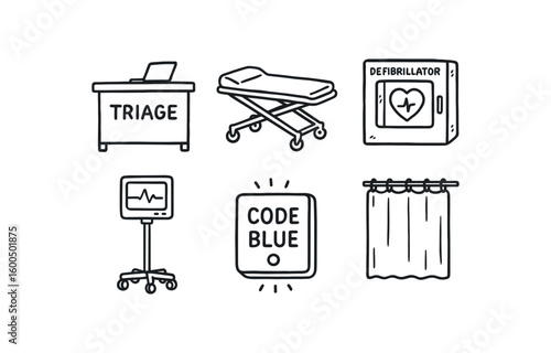 hand drawn cute out doodle style isolated emergency room triage desk station emergency room gurney stretcher frame emergency room defibrillator cabinet emergency room vital signs monitor