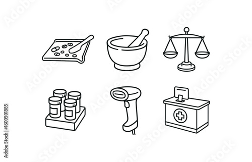 hand drawn cute out doodle style isolated pharmacist pill counter tray pharmacist mortar and pestle pharmacist compounding balance scale pharmacist prescription vial rack pharmacist NDC