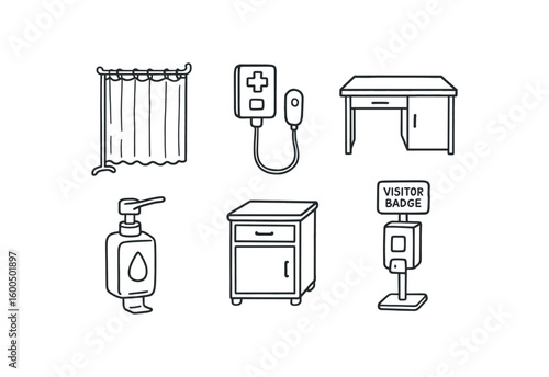 hand drawn cute out doodle style isolated ward patient cubicle privacy curtain ward nurse call cord unit ward charting station desk ward hand sanitizer dispenser ward bedside locker cabinet