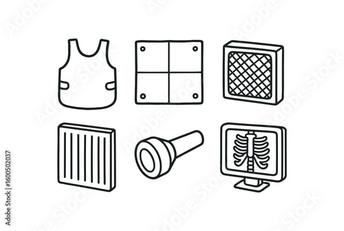 hand drawn cute out doodle style isolated ray image lead apron ray image detector panel ray image film cassette ray image filter ray image intensifier tube ray image display monitor