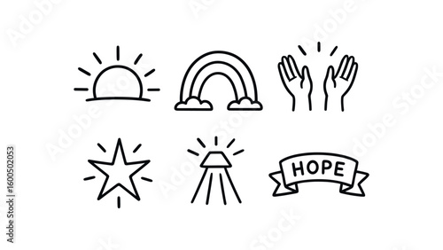 hand drawn cute out doodle style isolated hopefulness rising sun icon hopefulness rainbow arc hopefulness uplifted hands hopefulness starburst emblem hopefulness beam shaft hopefulness