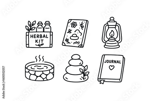 hand drawn cute out doodle style isolated healing season herbal kit healing season therapy mat healing season ing lantern healing season spa pool healing season meditation stone healing