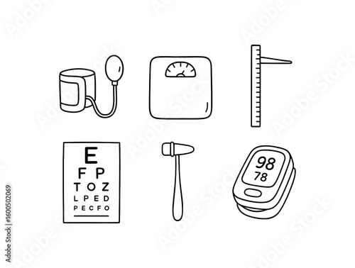 hand drawn cute out doodle style isolated check up blood pressure cuff check up weighing scale check up height chart check up visual acuity chart check up refle hammer check up pulse oimeter