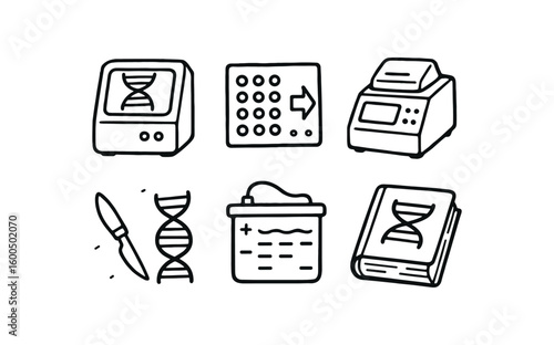 hand drawn cute out doodle style isolated geneticist DNA sequencer geneticist gene microarray geneticist PCR thermocycler geneticist CRISPR kit geneticist gel electrophoresis tank