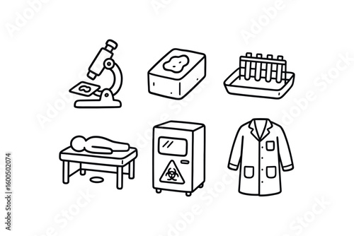 hand drawn cute out doodle style isolated pathologist microscope slide pathologist tissue block pathologist staining tray pathologist autopsy table pathologist hazard cabinet pathologist