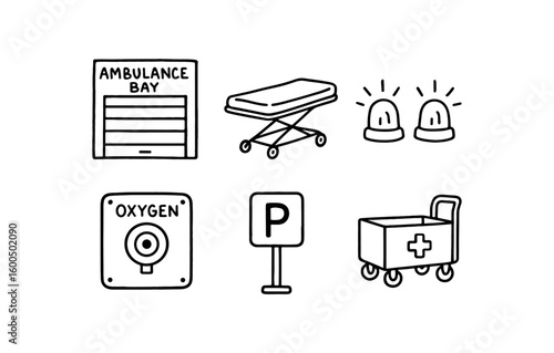 hand drawn cute out doodle style isolated ambulance bay garage door ambulance bay stretcher platform ambulance bay beacon s ambulance bay oygen outlet ambulance bay parking marker ambulance
