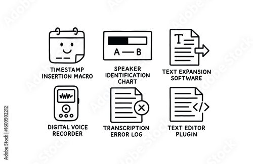hand drawn cute out doodle style isolated timestamp insertion macro speaker identification chart tet epansion software digital voice recorder transcription error log tet editor plugin
