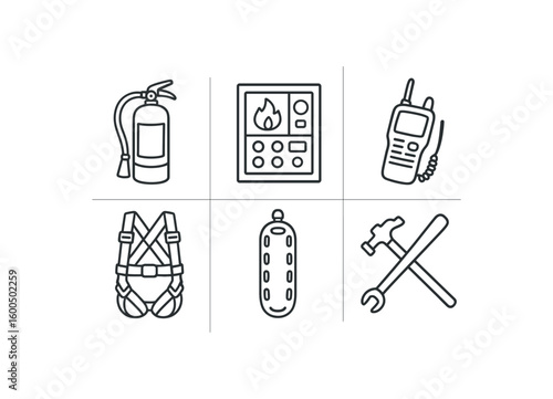hand drawn cute out doodle style isolated firefighter fire etinguisher panel firefighter thermal imaging camera firefighter radio handset firefighter safety harness firefighter rescue