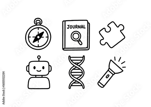 hand drawn cute out doodle style isolated curiosity pathfinder compass curiosity research journal curiosity puzzle piece curiosity AI chatbot curiosity DNA double heli curiosity discovery