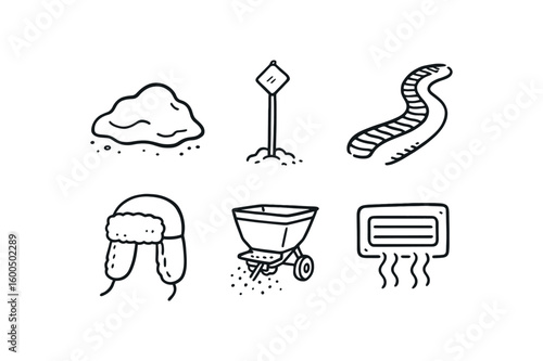 hand drawn cute out doodle style isolated winter snowdrift contour map winter ski pole marker winter snowmobile track winter earflap hat winter deicer spreader winter furnace vent