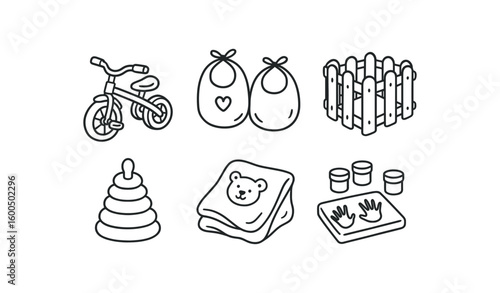 hand drawn cute out doodle style isolated toddler tricycle wheel toddler bib toddler playpen fence toddler stacker toy toddler plush blanket toddler finger paint