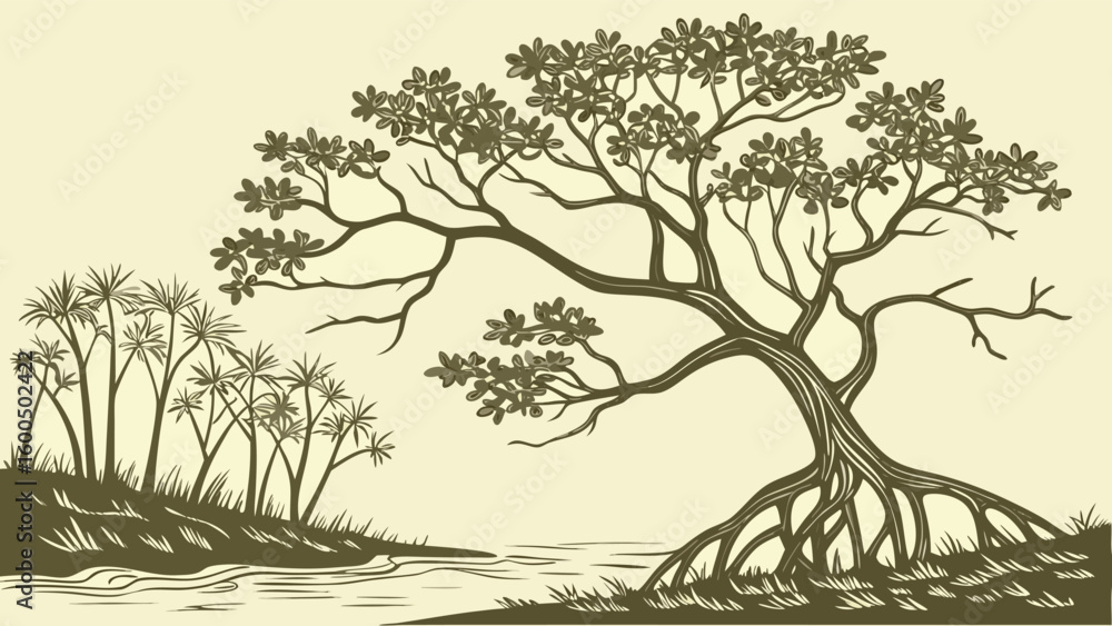 custom made wallpaper toronto digitalTree landscape illustration with river and foliage isolated on Transparent Background