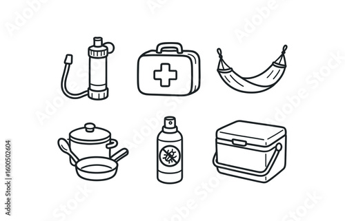 hand drawn cute out doodle style isolated camping water filter camping first aid kit camping hammock camping cookware camping insect repellent camping cooler bo