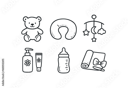 hand drawn cute out doodle style isolated newborn toy newborn nursing pillow newborn crib mobile newborn skincare newborn feeding bottle newborn photo prop