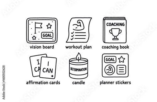 hand drawn cute out doodle style isolated determination vision board determination workout plan determination coaching book determination affirmation cards determination candle