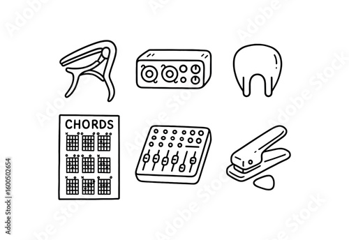 hand drawn cute out doodle style isolated musician tunable capo musician audio interface musician practice mute musician chord chart poster musician miing desk musician pick punch