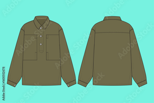 Men's Olive Color Long Sleeve Oversized Fashion Shirt Outline Flat Sketch Front and Back Views.