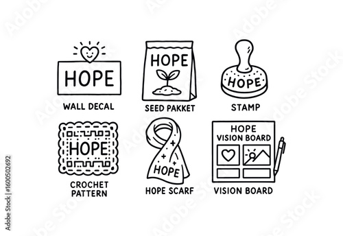 hand drawn cute out doodle style isolated hope wall decal hope seed packet kit hope motif stamp hope crochet pattern hope silk scarf hope vision board kit