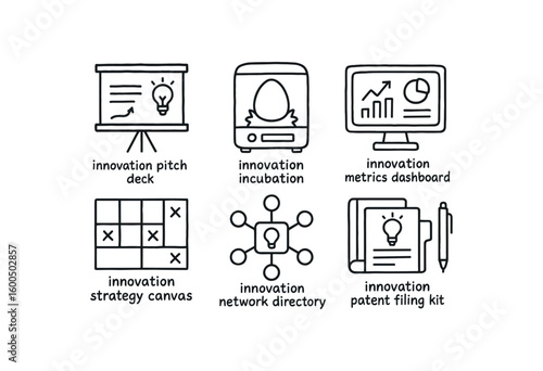 hand drawn cute out doodle style isolated innovation pitch deck template innovation incubation incubator innovation metrics dashboard innovation strategy canvas innovation network directory