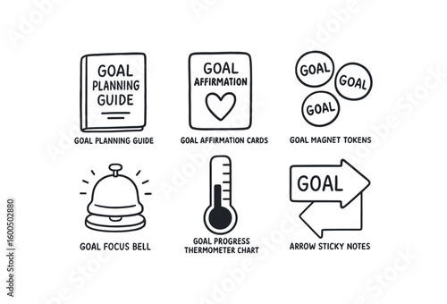 hand drawn cute out doodle style isolated goal planning guide goal affirmation cards goal magnet tokens goal focus bell goal progress thermometer chart goal arrow sticky notes