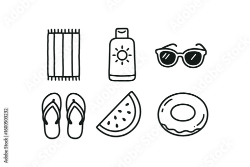 hand drawn cute out doodle style isolated summer beach towel summer sunscreen lotion summer sunglasses summer flip flops summer watermelon slice summer pool float