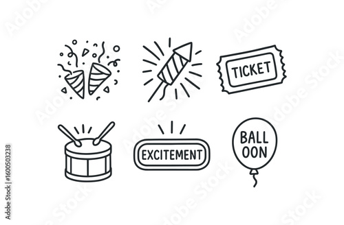 hand drawn cute out doodle style isolated ecitement party confetti ecitement fireworks pack ecitement roller coaster ticket ecitement dm roll sound ecitement neon sign ecitement