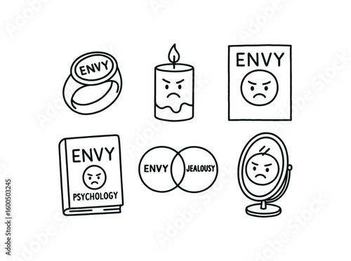 hand drawn cute out doodle style isolated envy mood ring envy candle envy emotion poster envy psychology book envy jealousy chart envy reflective mirror