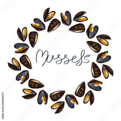 Mussels vector wreath. Circle frame. Hand drawn seafood illustration for packaging design, gourmet branding, product labels, print and culinary projects