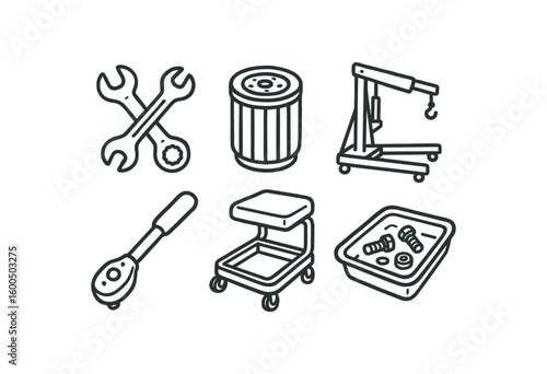 hand drawn cute out doodle style isolated mechanic wrench mechanic oil filter mechanic engine hoist mechanic torque wrench mechanic creeper seat mechanic parts tray