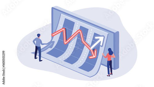 Isometric illustration of people analyzing a large chart with a fluctuating trend line graph