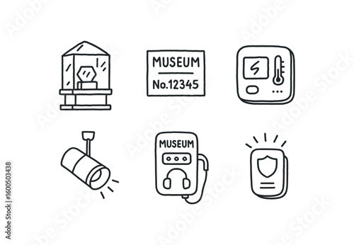 hand drawn cute out doodle style isolated museum display case museum accession label museum climate control sensor museum spot fiture museum audio guide museum security alarm