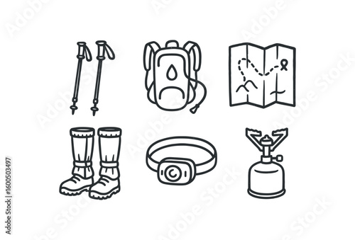 hand drawn cute out doodle style isolated hiking trekking poles hiking hydration pack hiking trail map hiking boot gaiters hiking headlamp hiking portable stove
