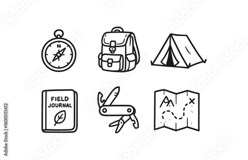 hand drawn cute out doodle style isolated eplorer compass watch eplorer backpack tent eplorer field journal eplorer multi tool knife eplorer survival kit eplorer trail map