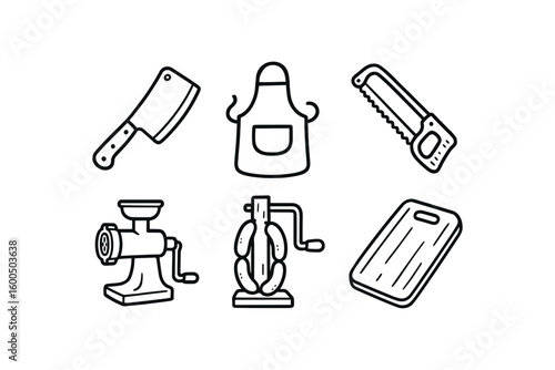 hand drawn cute out doodle style isolated butcher cleaver knife butcher apron butcher bone saw butcher meat grinder butcher sage stuffer butcher cutting board