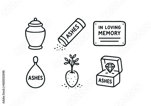 hand drawn cute out doodle style isolated ashes urn container ashes scattering tube ashes memorial plaque ashes keepsake pendant ashes tree planting pod ashes diamond creation kit