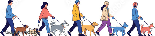 People walking dogs in urban setting, pet owners outdoors, dog walking illustration, casual clothes, diverse breeds, lifestyle pet activity