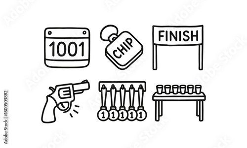 hand drawn cute out doodle style isolated race number bib race timing chip race finish banner race start pistol prop race medal rack race hydration station