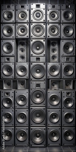 High row of black speaker units arranged in a symmetrical grid layout with varying sizes and shapes