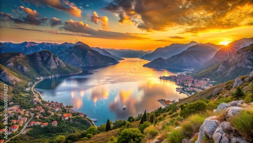 Wallpaper Mural Boka Kotorska bay at sunset with a stunning panoramic view from a hilltop overlooking the crystal-clear waters and surrounding mountains of Montenegro Torontodigital.ca